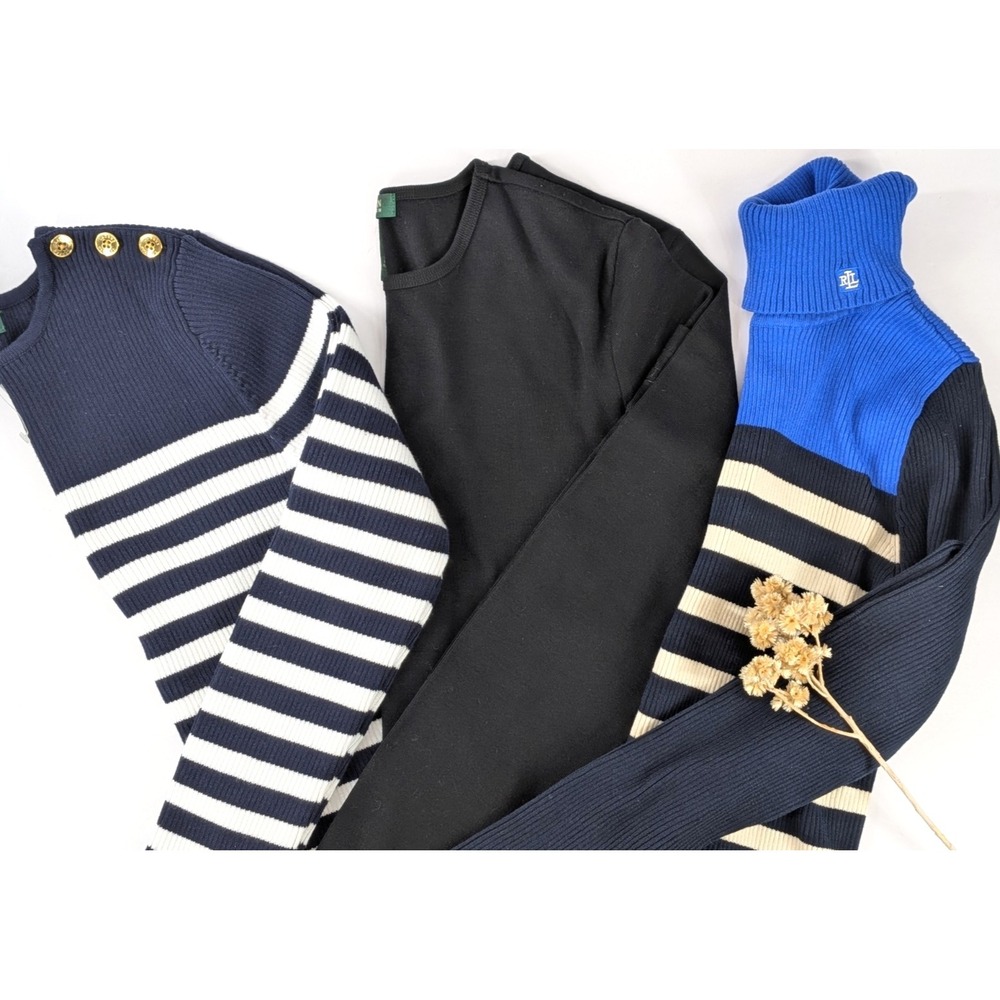 SWEATER LOT 3!😍Lauren Ralph Lauren LRL Women M Stripes Basic Black Quiet Luxury
